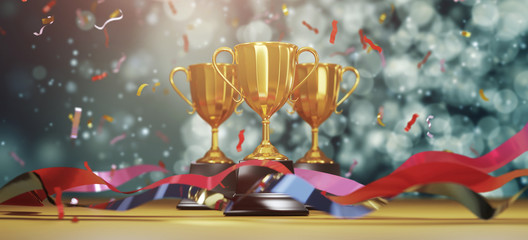 Wall Mural - golden trophy cup with falling confetti. copy space for text. 3d rendering.