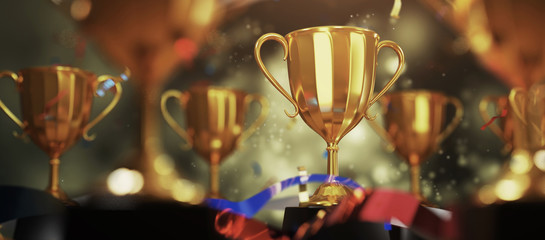 Wall Mural - golden trophy cup with falling confetti. copy space for text. 3d rendering.