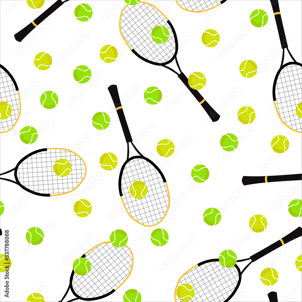 Seamless pattern of tennis balls and rackets on white background ...