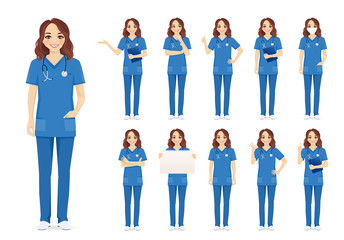 Female woman nurse character set in different poses isolated vector illustartion