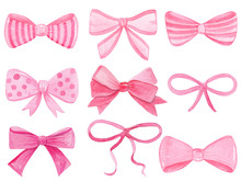 Watercolor Pink Bows Set Isolated On White Background. Hand Drawn Collection Of Ribbon Illustrations