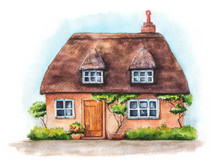 Hand Drawn Illustration Of Traditional English Village House Isolated On White Background. Watercolor Cozy House With Thatched Roof, Plants And Sky.
