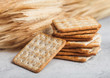 © DenisMArt - Stack of square organic crispy wheat and corn flatbread crackers with sesame and salt on light background