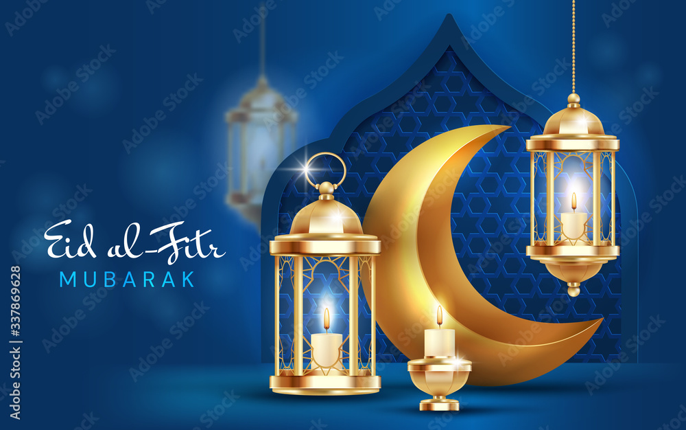 Eid al Fitr, or Festival of Breaking the Fast. card or poster design to mark the end of Ramadan over a midnight blue background, vector illustration - obrazy, fototapety, plakaty 