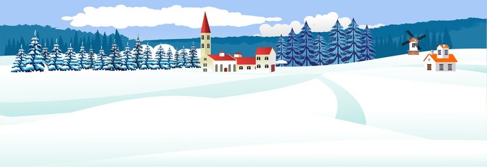 Wall Mural - Little town in the mountains, winter snowy landscapes