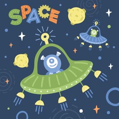  Aliens and ufo in the space. Cartoon vector illustration. 