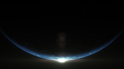 Poster - A cinematic rendering of planet Earth rise rotation moving from night side to the illuminated daylight side with the sun rising on the planet's horizon