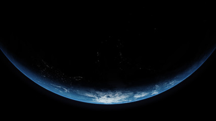 a cinematic rendering of planet earth rise rotation moving from night side to the illuminated daylig