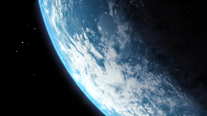 Poster - A cinematic rendering of planet Earth rise rotation moving from night side to the illuminated daylight side with the sun rising on the planet's horizon