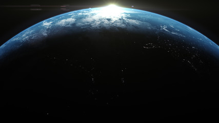Poster - A cinematic rendering of planet Earth rise rotation moving from night side to the illuminated daylight side with the sun rising on the planet's horizon