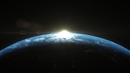 Poster - A cinematic rendering of planet Earth rise rotation moving from night side to the illuminated daylight side with the sun rising on the planet's horizon