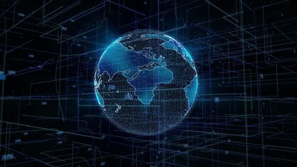 Fototapete - Planet Earth Spin With Big Data Digital Cyberspace Binary Number Information. Futuristic Rotating Globe Statistics Report 4K Animation Business Concept.