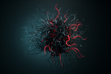 Sphere With Chaotic Structure, Abstract Molecule On A Dark Background, Virus, Bacterium, COVID-19. Futuristic Shape With Tentacles. 3D Render, 3D Illustration.