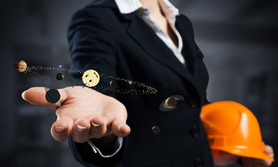 Sticker - Businesswoman holds in palm solar system 3d model