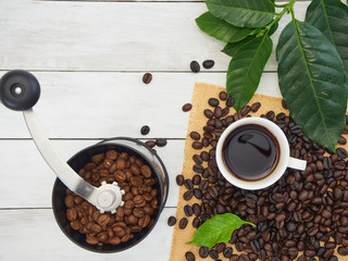 Coffee grinder with roasted coffee beans.