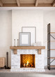 © Dmitriy - A rustic brick fireplace in light colors with decor and furniture. 3D rendering.