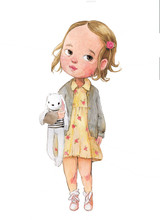 Cute Little Watercolor Girl With Hare Toy In Yellow Dress
