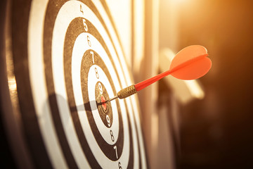 Wall Mural - Bullseye(bull's-eye) or dart board has dart arrow hitting the center of a shooting target for business targeting and and  marketing goal concetps.