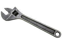 Large Adjustable Wrench On A White Background. Insulated Object. Old Worn Tool For Mechanic. Metal Texture Close-up.