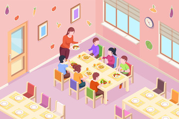 Wall Mural - Children at kindergarten having meal. Kids teacher bringing healthy food at dinner or breakfast time. Classroom with boys and girls at eat table. Dining room interior design. Preschool illustration