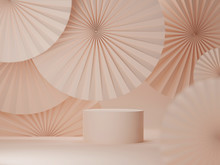 3D Podium Display Beige Beauty Mockup. Natural Simple Trendy Background With Paper Fan Medallions Copy Space And Cylinder Shape Platform Showcase. 3D Render Minimalist Banner Promotion Template.