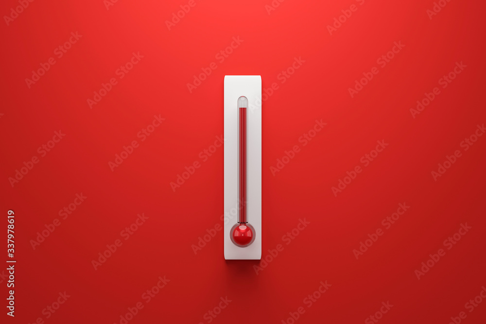 Blank template of Celsius and Fahrenheit thermometer on red background with high temperature or summer concept. 3D rendering. - obrazy, fototapety, plakaty 