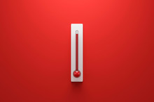 Blank Template Of Celsius And Fahrenheit Thermometer On Red Background With High Temperature Or Summer Concept. 3D Rendering.