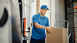 © Gorodenkoff - Delivery Man Uses Hand Truck Trolley Full of Cardboard Boxes and Packages, Loads Parcels into Truck / Van. Professional Courier / Loader helping you Move, Delivering Your Purchased Items Efficiently