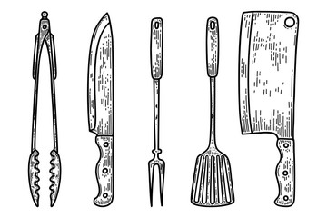 Wall Mural - Set of illustrations of kitchenware in engraving style. Kitchen knife, fork, meat cleaver. Design elements for logo, label, sign, poster, t shirt. Vector illustration