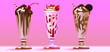 © Asia - Vector illustration with three different type of milkshake with special taste. Strawberry,  cocolate with cherry on the top, caramel with cookie