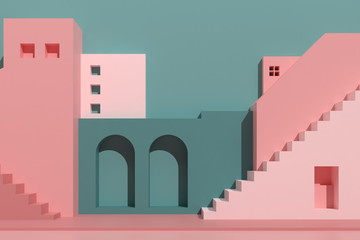 Poster - Minimal style of architectural buildings with stairs and arches, housing on pastel color background, presentation,shade and shadow. 3D rendering.
