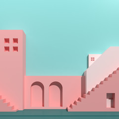 Fototapete - Minimal style of architectural buildings with stairs and arches, housing on pastel color background, presentation,shade and shadow. 3D rendering.