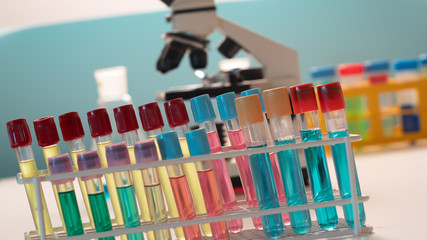 Canvas Print - scientific experiment in school class. Microscope and test tubes on the table