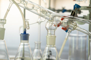 Wall Mural - Glass instruments in the laboratory of chemical synthesis