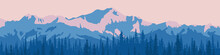 Vector Illustration Of Mountains, Panoramic View. Ridge In The Morning Haze, Snow-capped Peaks, Forest. 