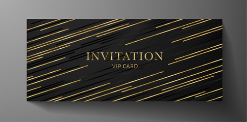 Wall Mural - Luxury VIP invite card template with gold lines on black background. Deluxe golden pattern useful for premium formal design: lux Gift certificate, exclusive Voucher, rich Invitation card