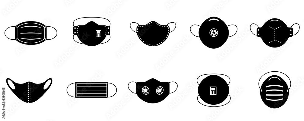 A set of medical face masks. Various protective masks against viruses, dust and respiratory diseases.Protection from coronavirus.Vector illustration, black and white flat. - obrazy, fototapety, plakaty 