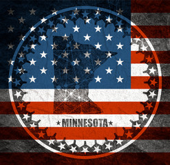 Wall Mural - Image relative to USA travel. Minnesota state map textured by lines and dots pattern. Stamp in the shape of a circle. Flag of the USA