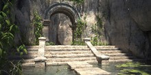 Ruins Of The Sacred Temple With Green Vegetation. Beautiful Natural Wallpaper. 3D Illustration.