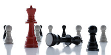 Chess Game - Red Queen Figure And Fallen King And Pawns On A White Background 3d Render Illustration