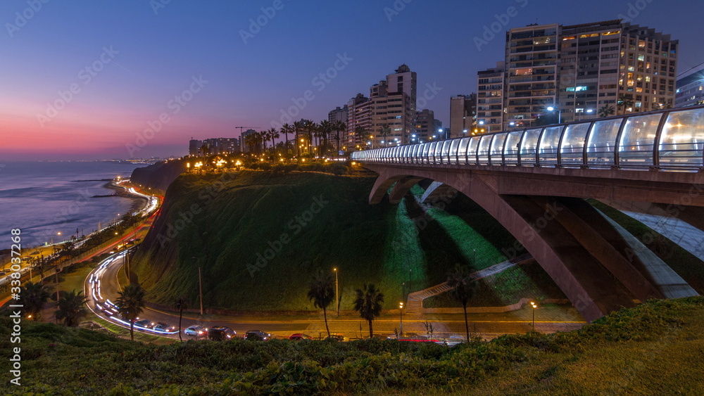 Villena Bridge with traffic and partial City view in the Background day to night timelapse, Lima, Peru. - obrazy, fototapety, plakaty 