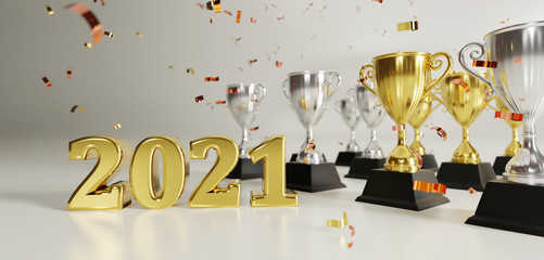 Wall Mural - 2021 and golden trophy award with falling confetti. copy space for text. concept for champion year 2