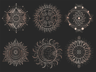 Wall Mural - Vector set of Sacred symbols and geometry figures on black background. Gold abstract signs. 