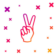 Color Hand showing two finger icon isolated on white background. Victory hand sign. Gradient random dynamic shapes. Vector Illustration