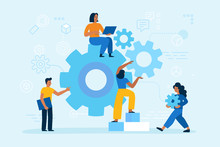 Vector Illustration In Simple Flat Style - Teamwork And Development Concept - People Holding  Abstract Geometric Shapes And Gears