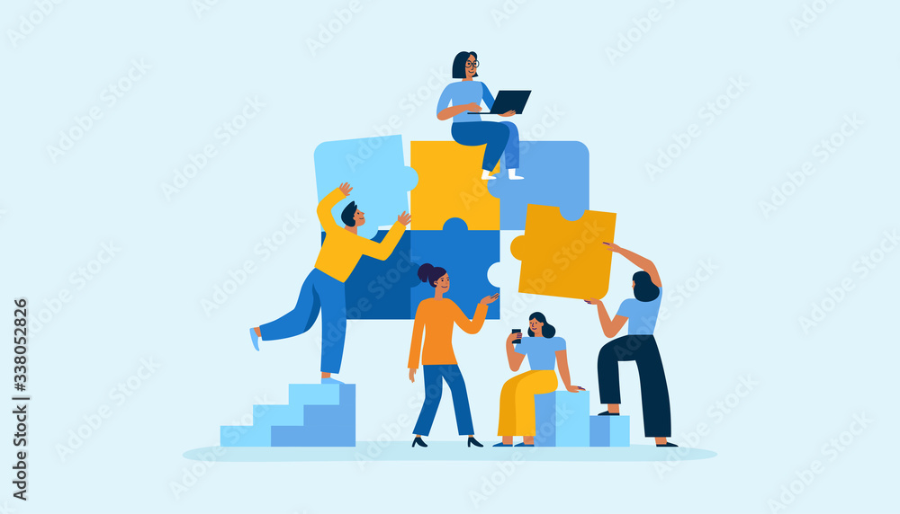 Vector illustration in simple flat style - teamwork and development concept - people holding  abstract geometric shapes and puzzle pieces - organisation and management - obrazy, fototapety, plakaty 
