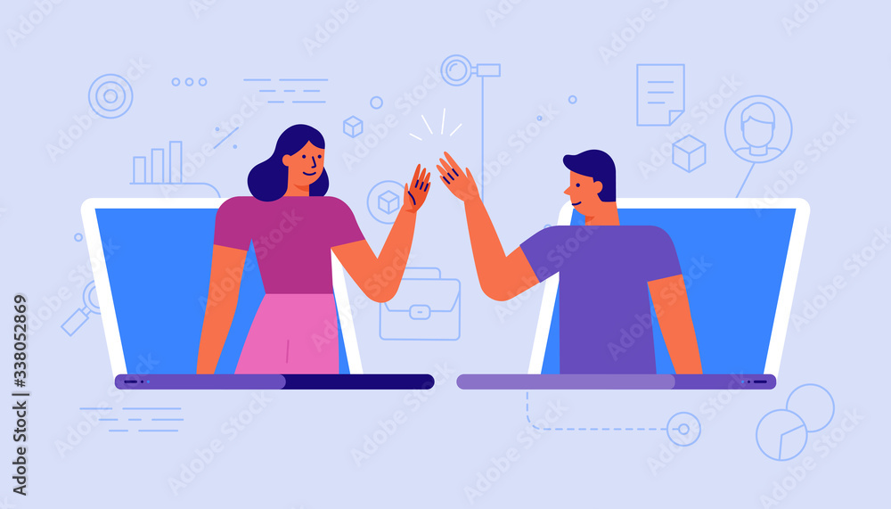 Vector illustration in simple flat style with chatacyers - video conference and online meeting interface - teamwork and development concept - banner and infographics design template - obrazy, fototapety, plakaty 