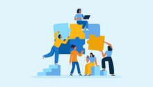 Vector Illustration In Simple Flat Style - Teamwork And Development Concept - People Holding  Abstract Geometric Shapes And Puzzle Pieces - Organisation And Management