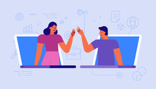 Vector Illustration In Simple Flat Style With Chatacyers - Video Conference And Online Meeting Interface - Teamwork And Development Concept - Banner And Infographics Design Template