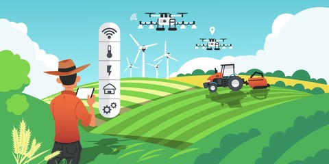 Smart farming. Growing crops and harvesting plants with futuristic technologies, drones on field and GPS vehicles. Vector image cartoon smart agro industry concept, future agricultural innovations